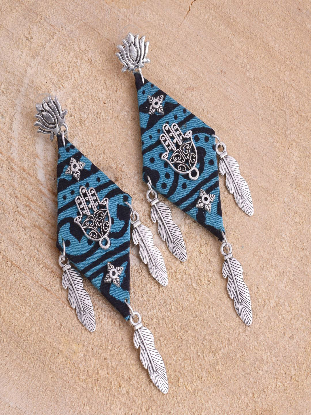 

kashwini Blue Silver-Plated Diamond Shaped Fabric Drop Earrings