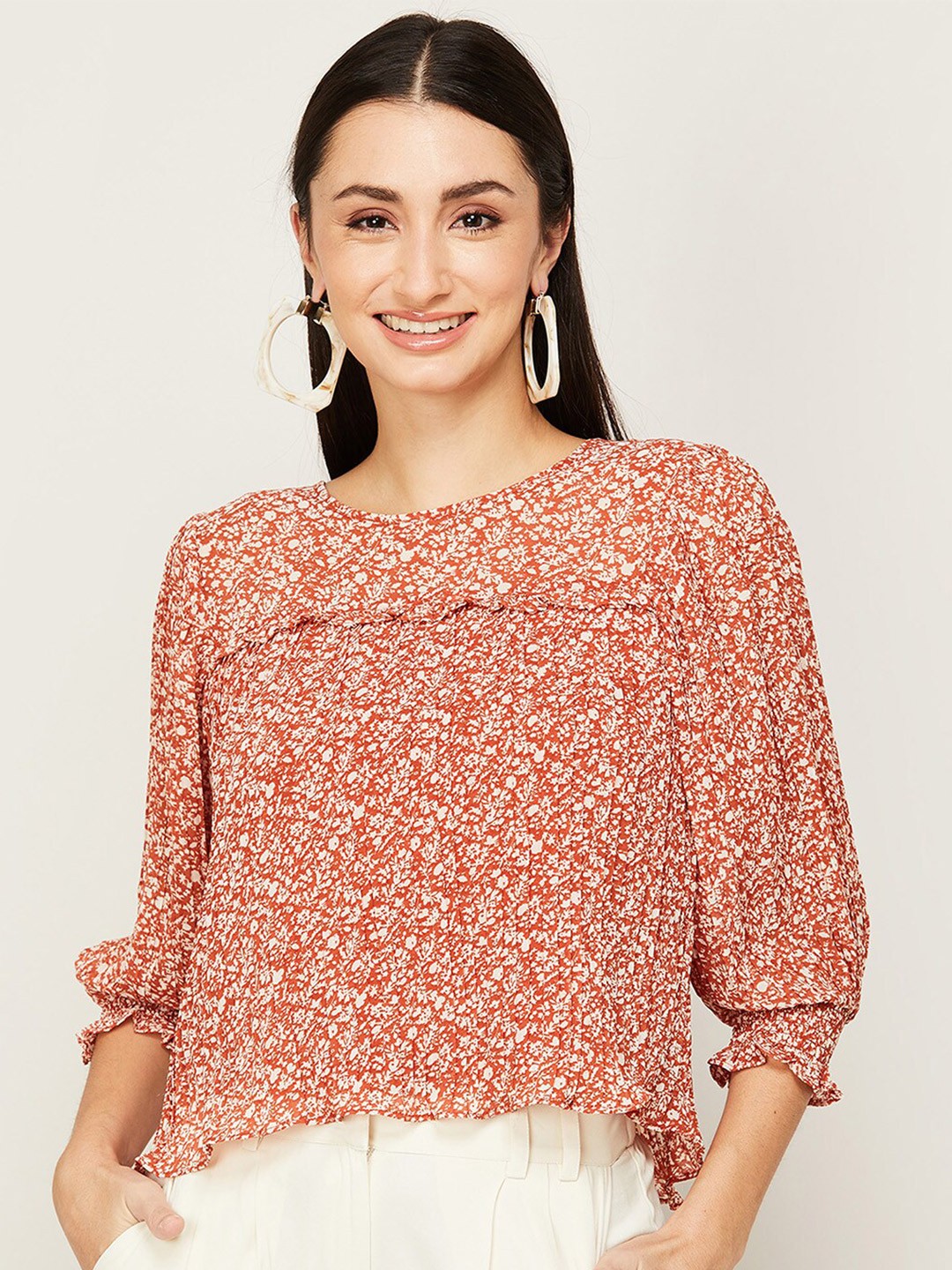 

CODE by Lifestyle Women Rust & White Floral Printed Polyester Puff Sleeves Top