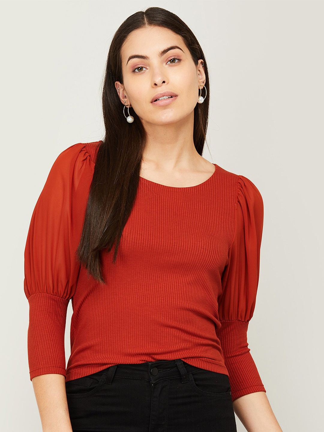 

CODE by Lifestyle Women Brown Solid Polyester Puff Sleeves Top, Rust