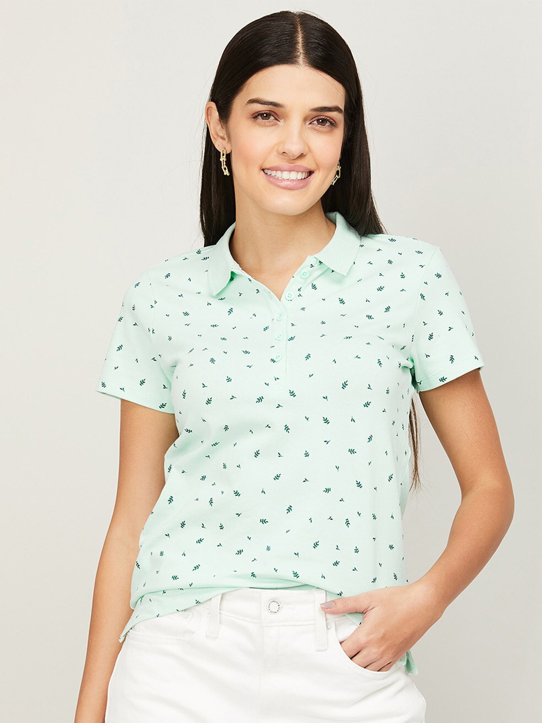 

CODE by Lifestyle Women Green Printed Polo Collar T-shirt