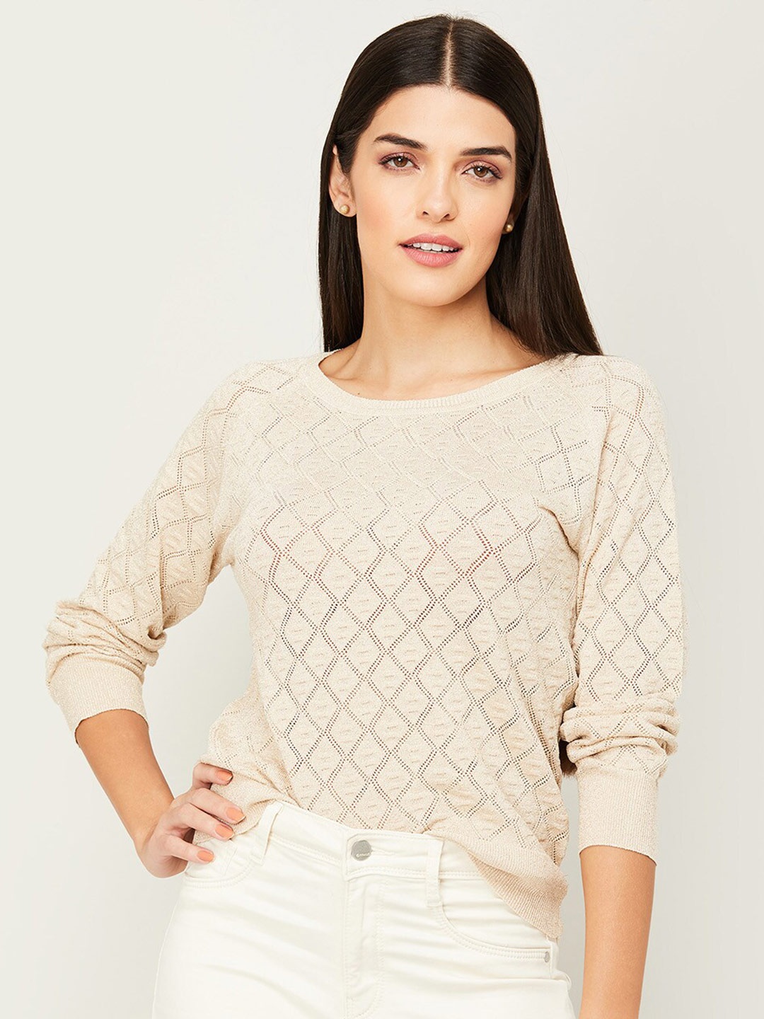 

CODE by Lifestyle Beige Self Design Regular Top