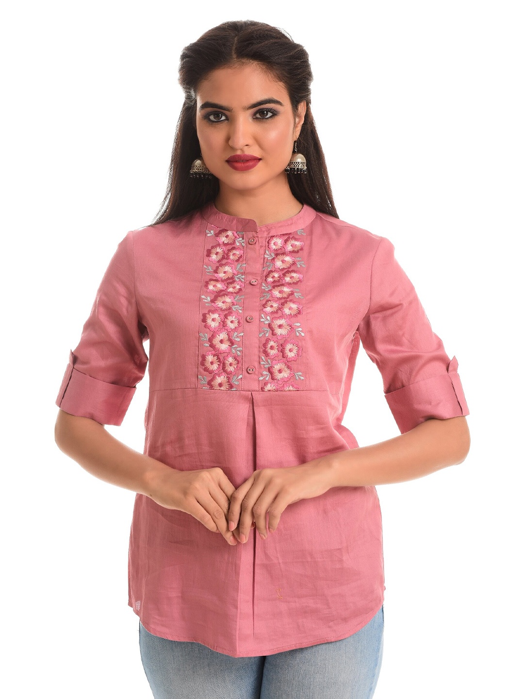 

TRISHLA INDIA Mauve Floral Embroidered Mandarin Collar Roll-Up Sleeves Top