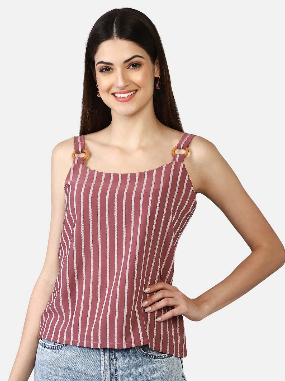 

Fbella Women Coral & White Striped Top