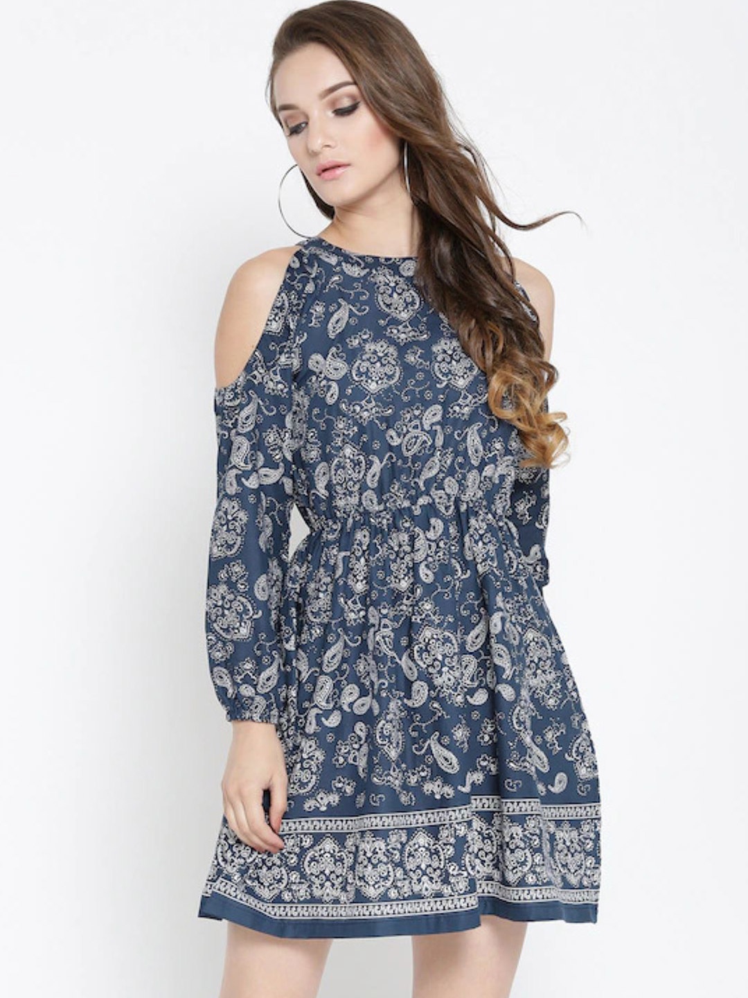 

Sera Navy Blue Ethnic Motifs A-Line Dress