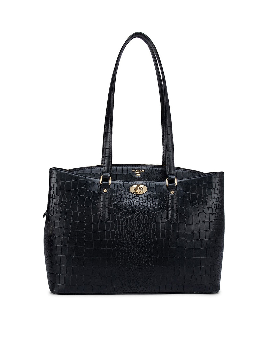 

Da Milano Black Textured Leather Structured Shoulder Bag with Tasselled