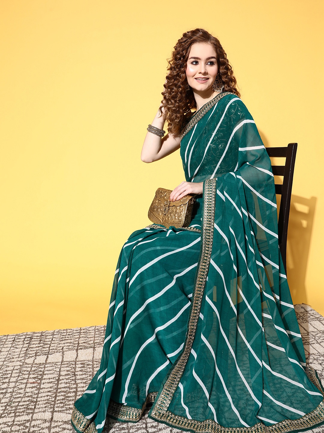 

Satrani Leheriya Saree with Embroidered border, Green