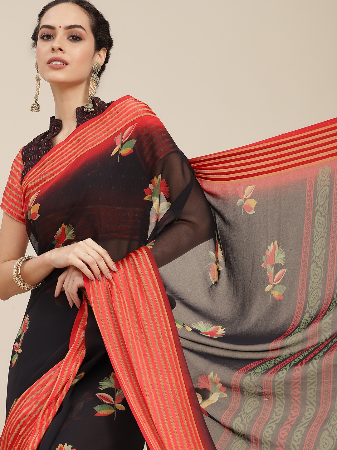 

Mitera Black & Orange Floral Printed Saree