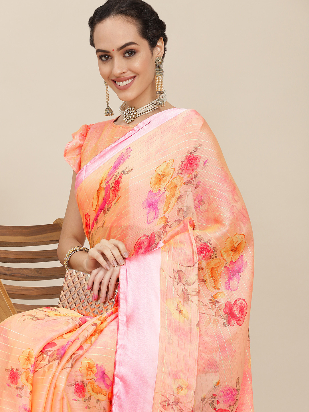 

Mitera Peach-Coloured & Lavender Floral Printed Saree