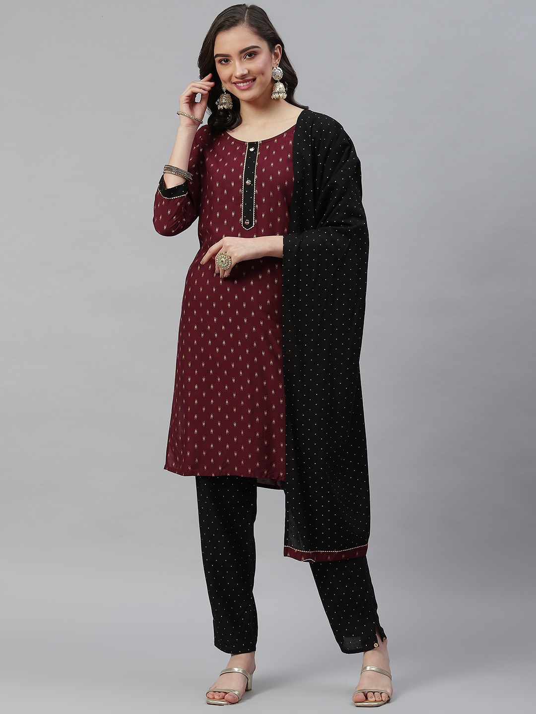 

HIGHLIGHT FASHION EXPORT Women Maroon Printed Kurta with Trousers & With Dupatta