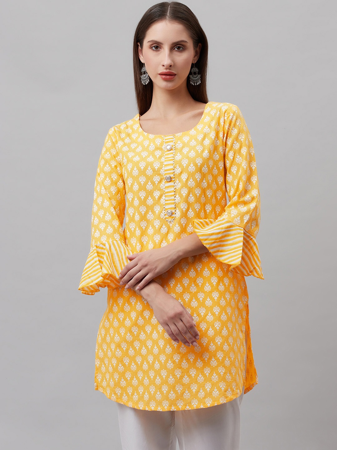 HIGHLIGHT FASHION EXPORT Yellow & White Ethnic Motifs Printed Gotta Patti Kurti