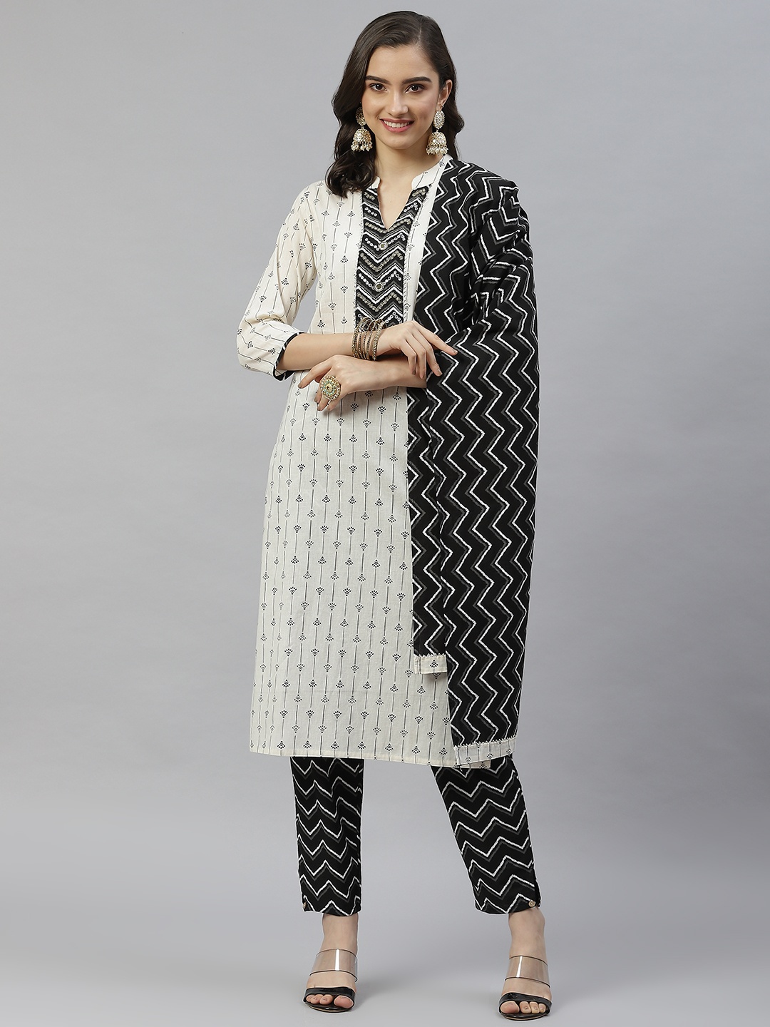 

HIGHLIGHT FASHION EXPORT Women Off White Printed Mirror Work Pure Cotton Kurta with Trousers & With Dupatta