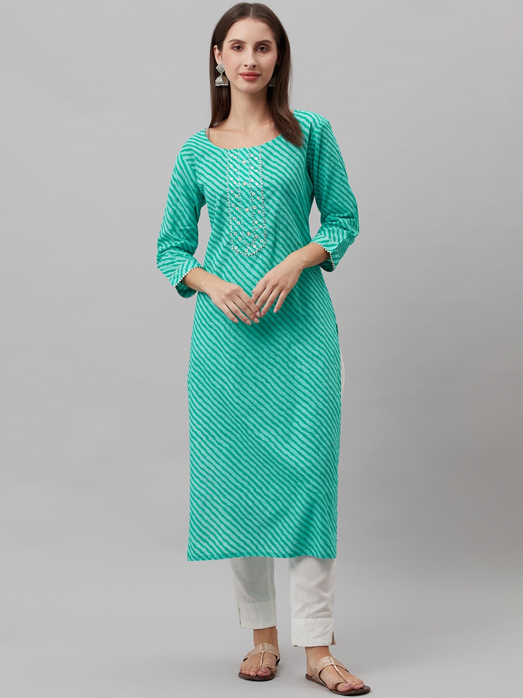 

HIGHLIGHT FASHION EXPORT Women Green Pure Cotton Leheriya Embellished Gotta Patti Kurta