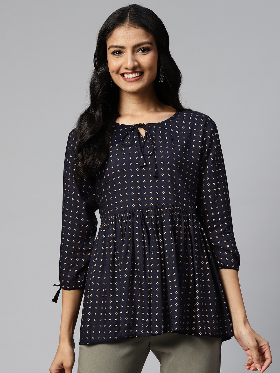 

HIGHLIGHT FASHION EXPORT Navy Blue Print Tie-Up Neck Empire Top