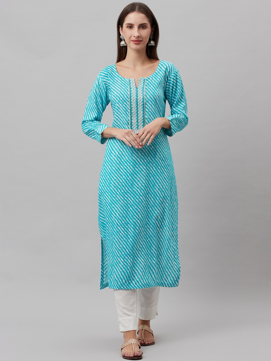 HIGHLIGHT FASHION EXPORT Women Sky Blue & White Leheriya Embellished Gotta Patti Kurta