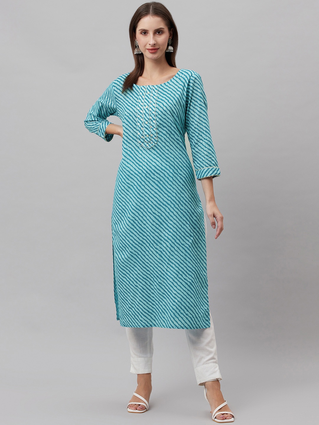 

HIGHLIGHT FASHION EXPORT Women Sky Blue Pure Cotton Leheriya Embellished Gotta Patti Kurta