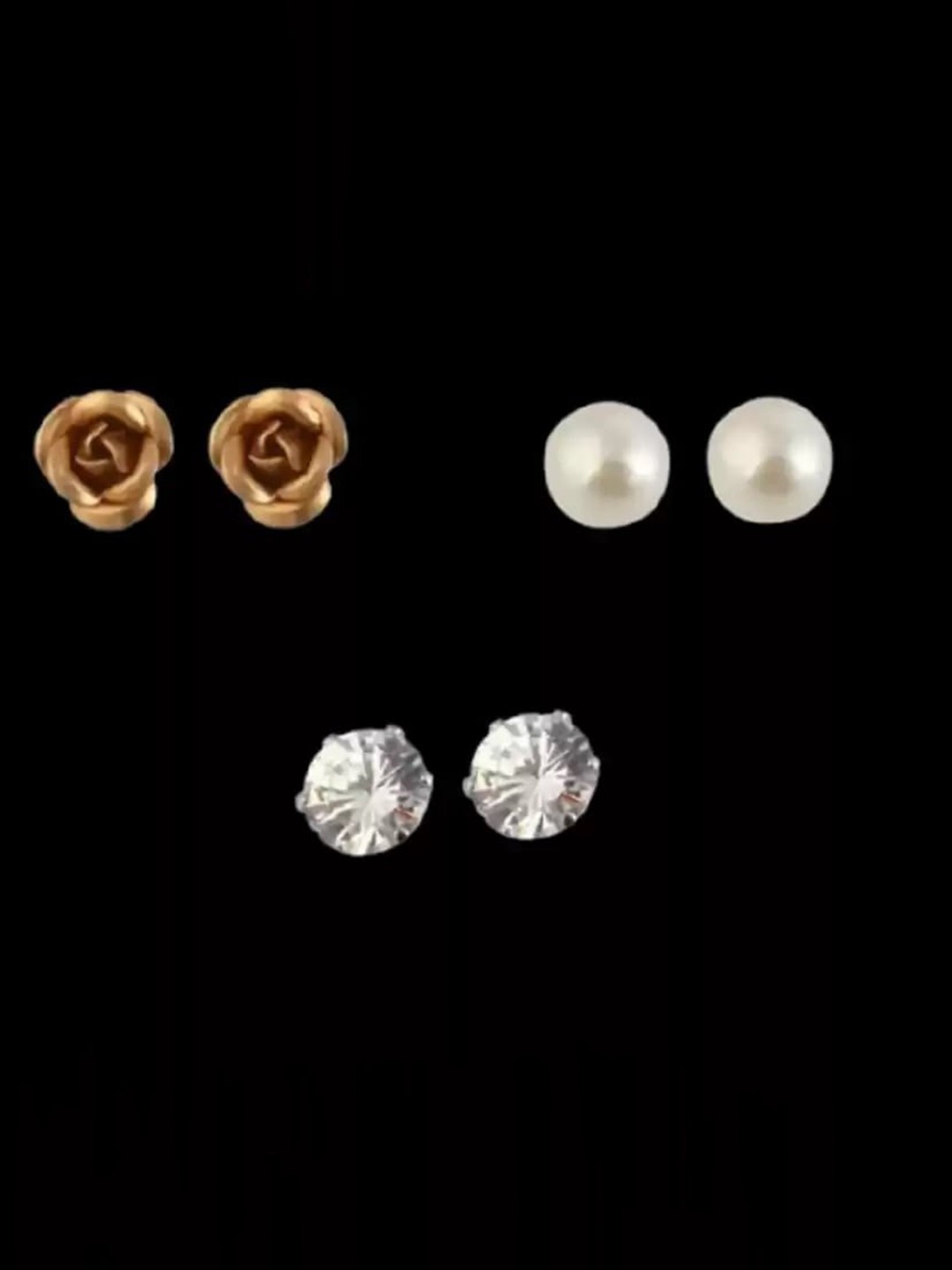

stripes Gold-Toned & White Pair of 3 Contemporary Studs Earrings