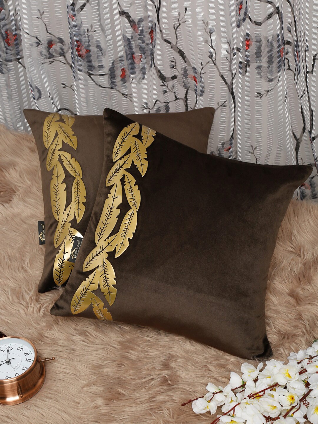 

HOSTA HOMES Brown & Gold-Toned Set Of 2 Floral Velvet Square Cushion Covers