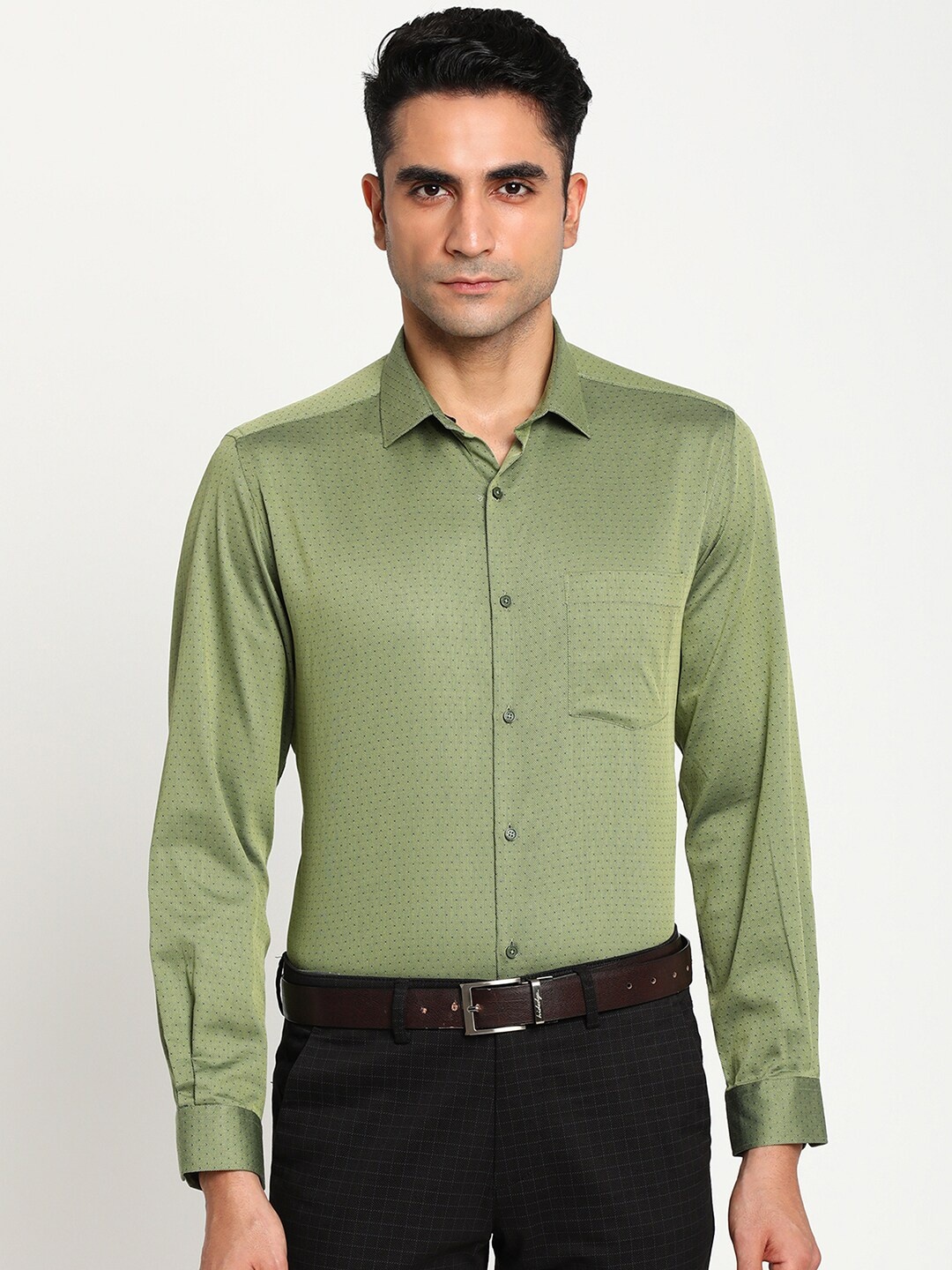 

Turtle Men Olive Green Self Design Cotton Formal Shirt