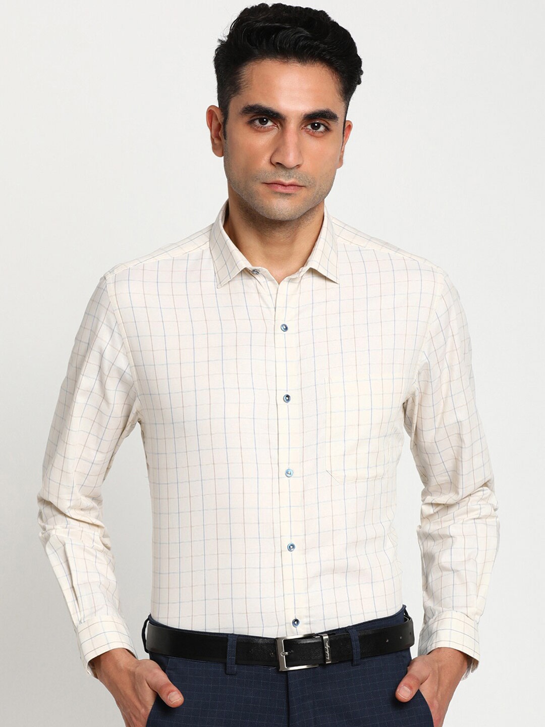 

Turtle Men Off White Grid Tattersall Checked Cotton Casual Shirt