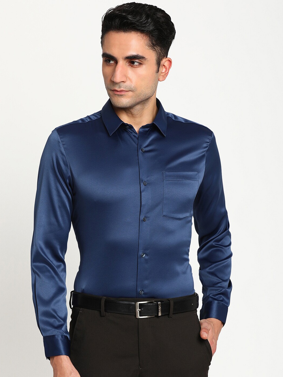 

Turtle Men Navy Blue Satin Solid Slim Fit Formal Shirt