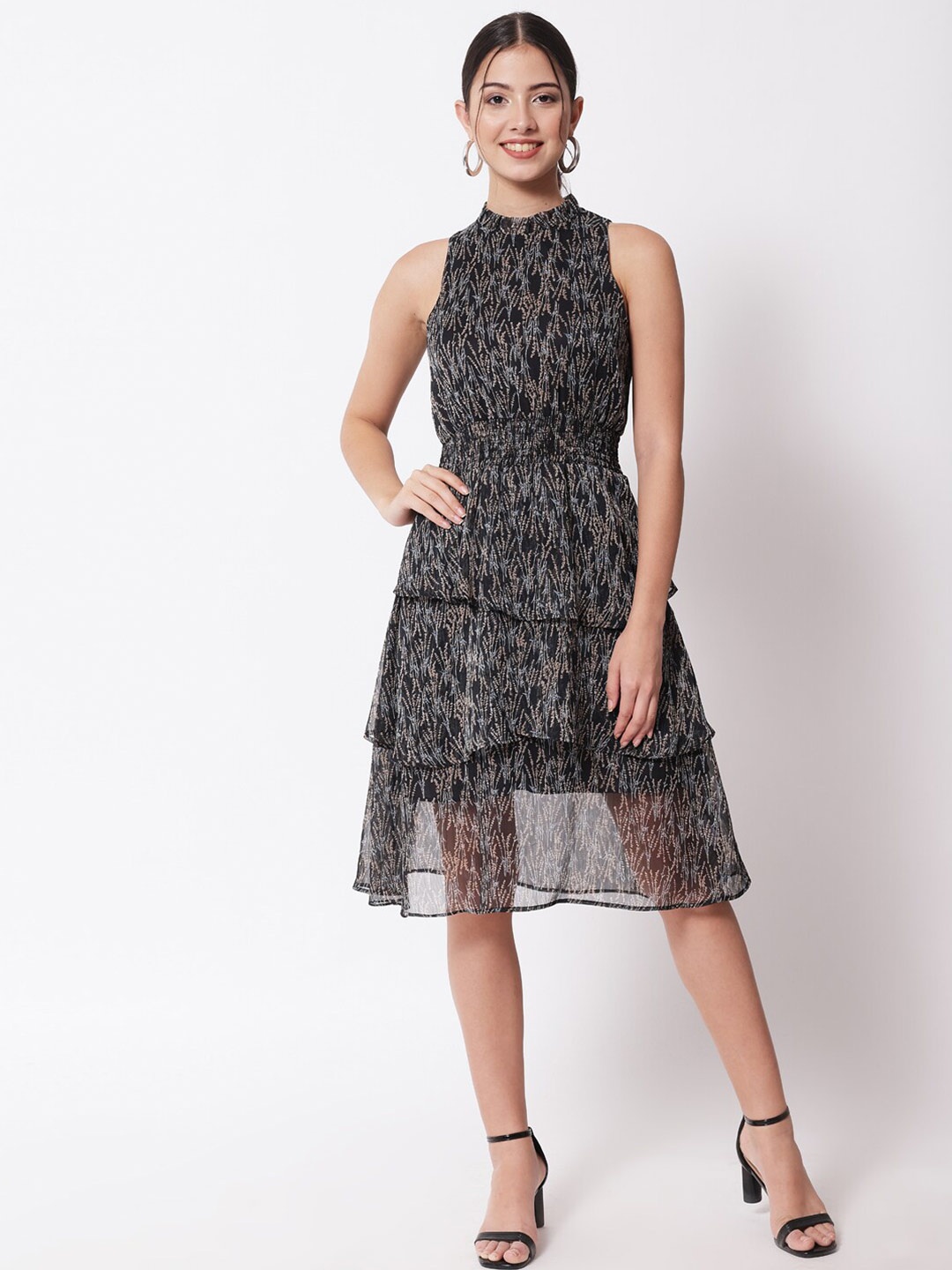 

CHARMGAL Women Black Printed Georgette Fit & Flare Dress