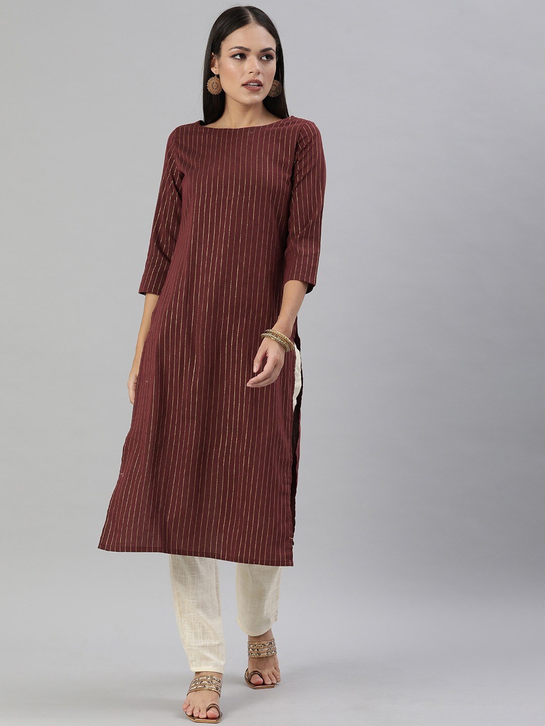 

HRITIKA Women Wine Striped Cotton Kurta, Na