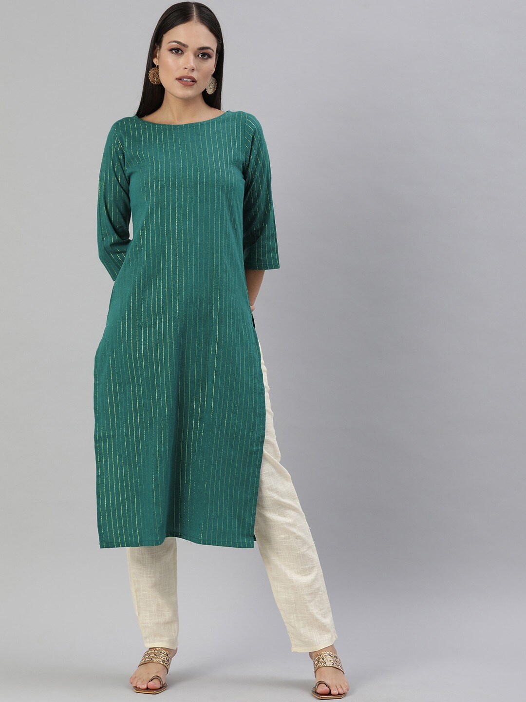 

HRITIKA Women Green Striped Boat Neck Straight Kurta