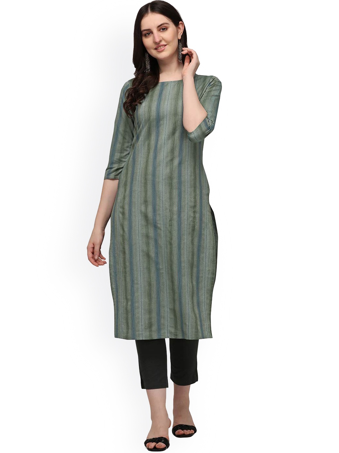 

HRITIKA Women Green striped Printed Kurta