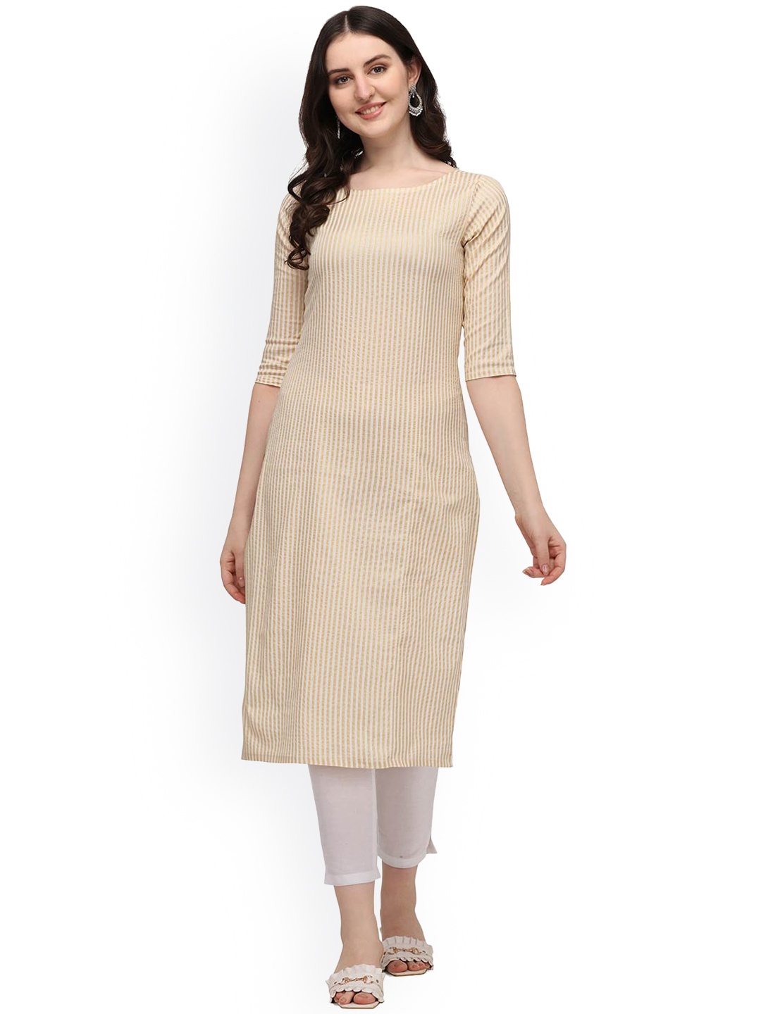 

HRITIKA Women Yellow Striped Thread Work Kurta