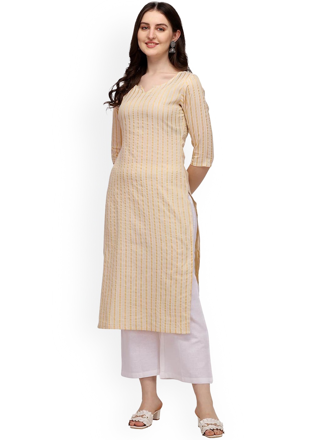 

HRITIKA Women's Yellow Striped Thread Work Straight Kurta