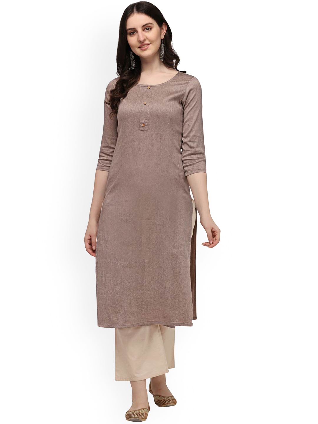 

HRITIKA Women's Striped Thread Work Straight Kurta, Brown