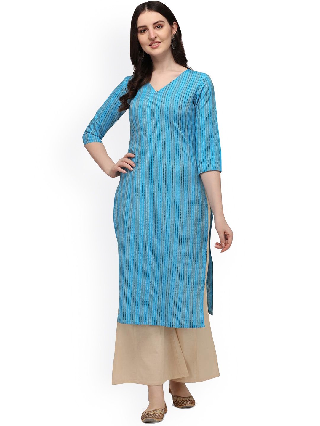 

HRITIKA Women's Turquoise Blue Striped Thread Work Kurta