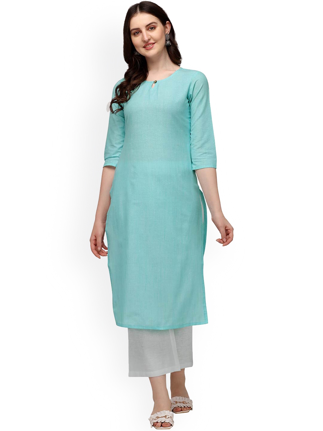

HRITIKA Women's Turquoise Blue Keyhole Neck Thread Work Kurta