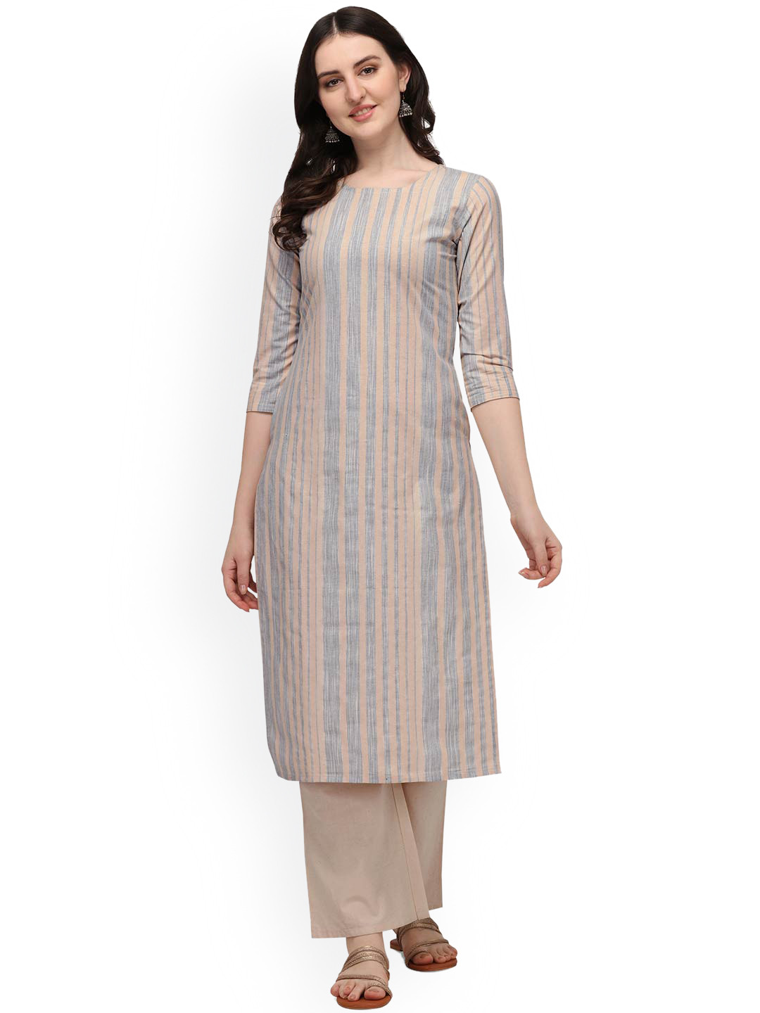 

HRITIKA Women Grey & Beige Striped Kurta