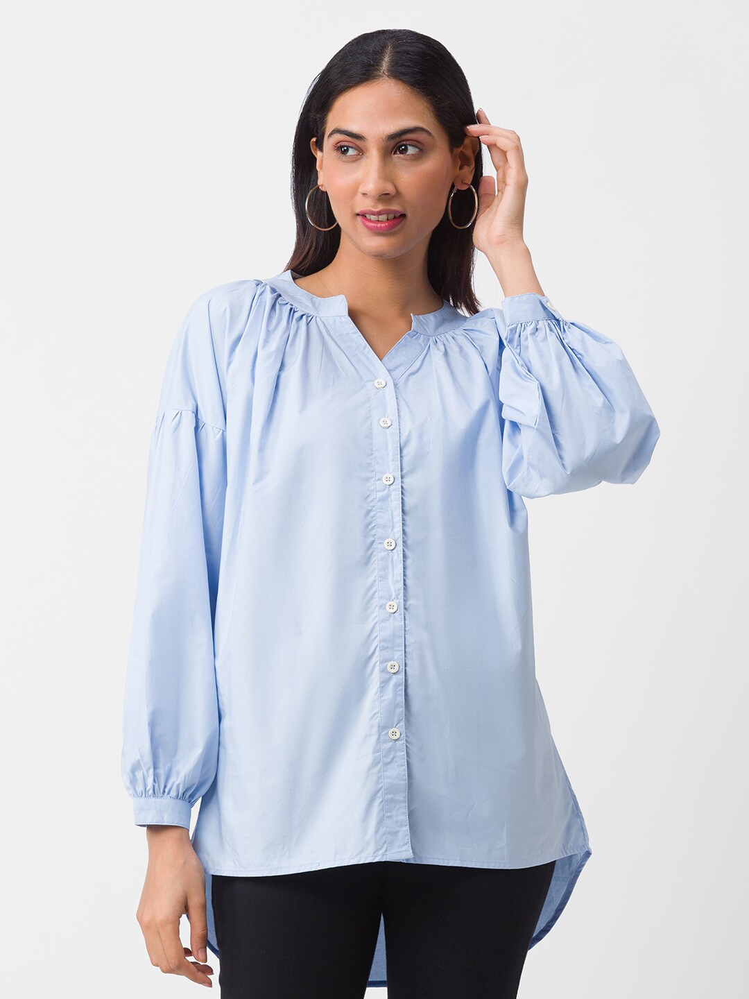 

Globus Women Blue Solid Pure Cotton Mandarin Collar Shirt Style Top