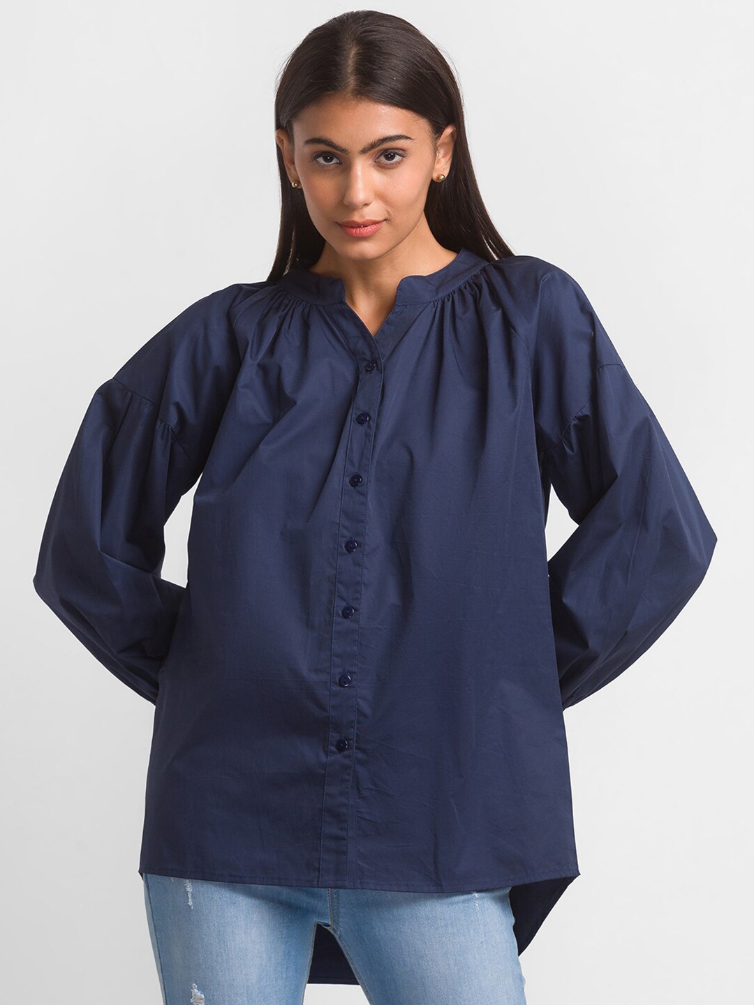 

Globus Women Blue Solid Pure Cotton Mandarin Collar Shirt Style Top