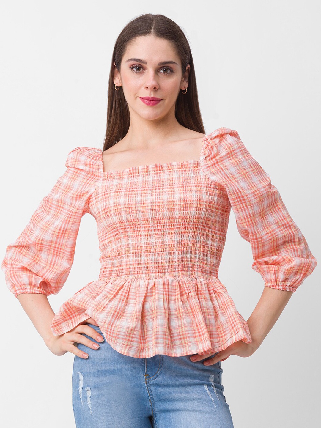 

Globus Orange & White Checked Cotton Top