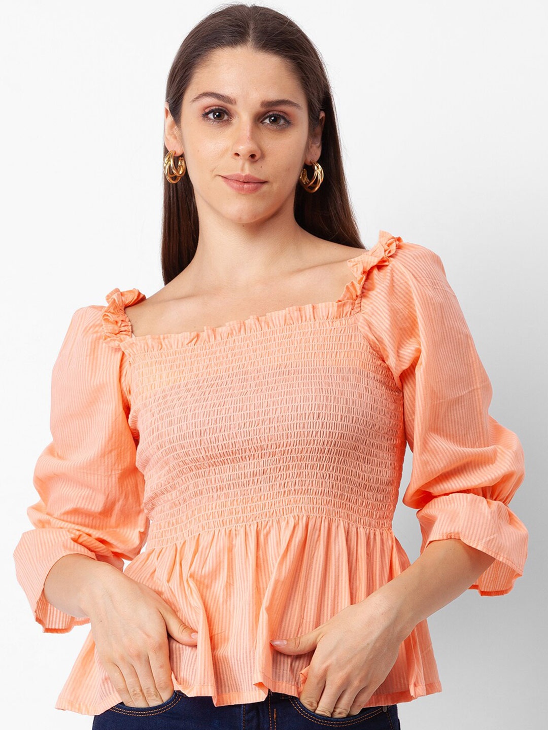 

Globus Peach-Coloured Pure Cotton Peplum Top
