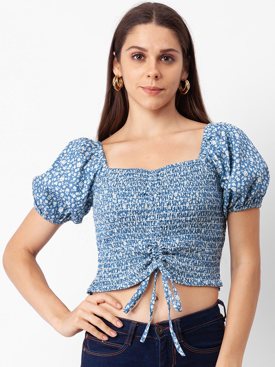 

Globus Blue Floral Print Pure Cotton Crop Top
