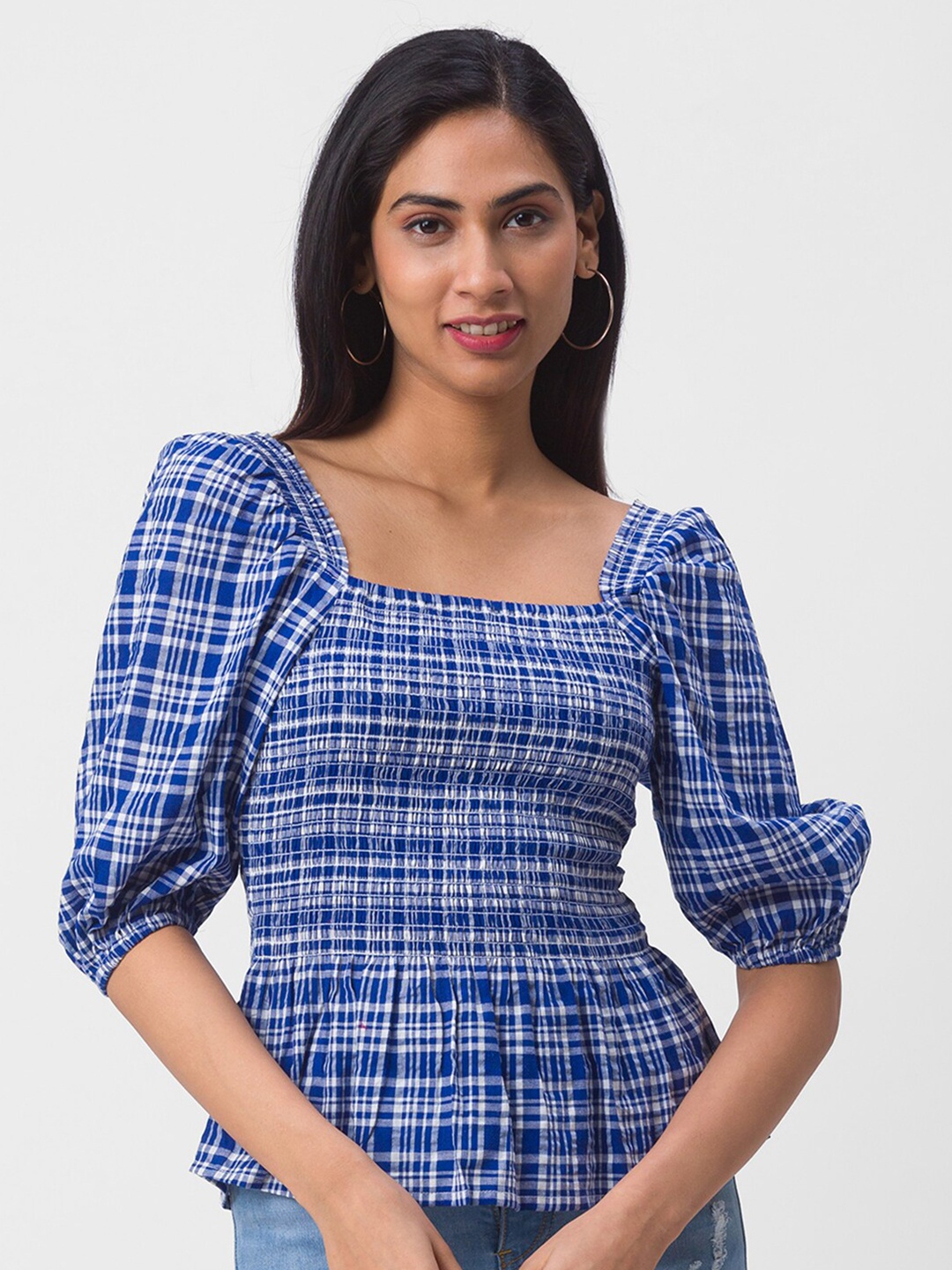 

Globus Blue & White Checked Cotton Peplum Top