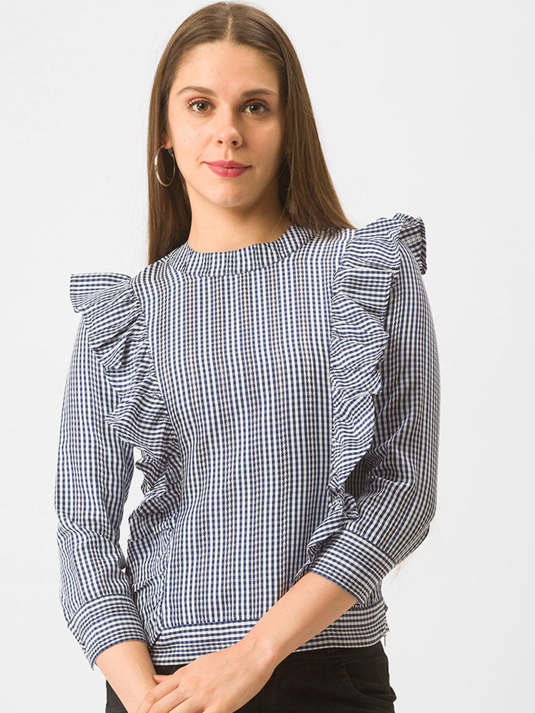 

Globus Navy Blue & White Checked Cotton Ruffles Top