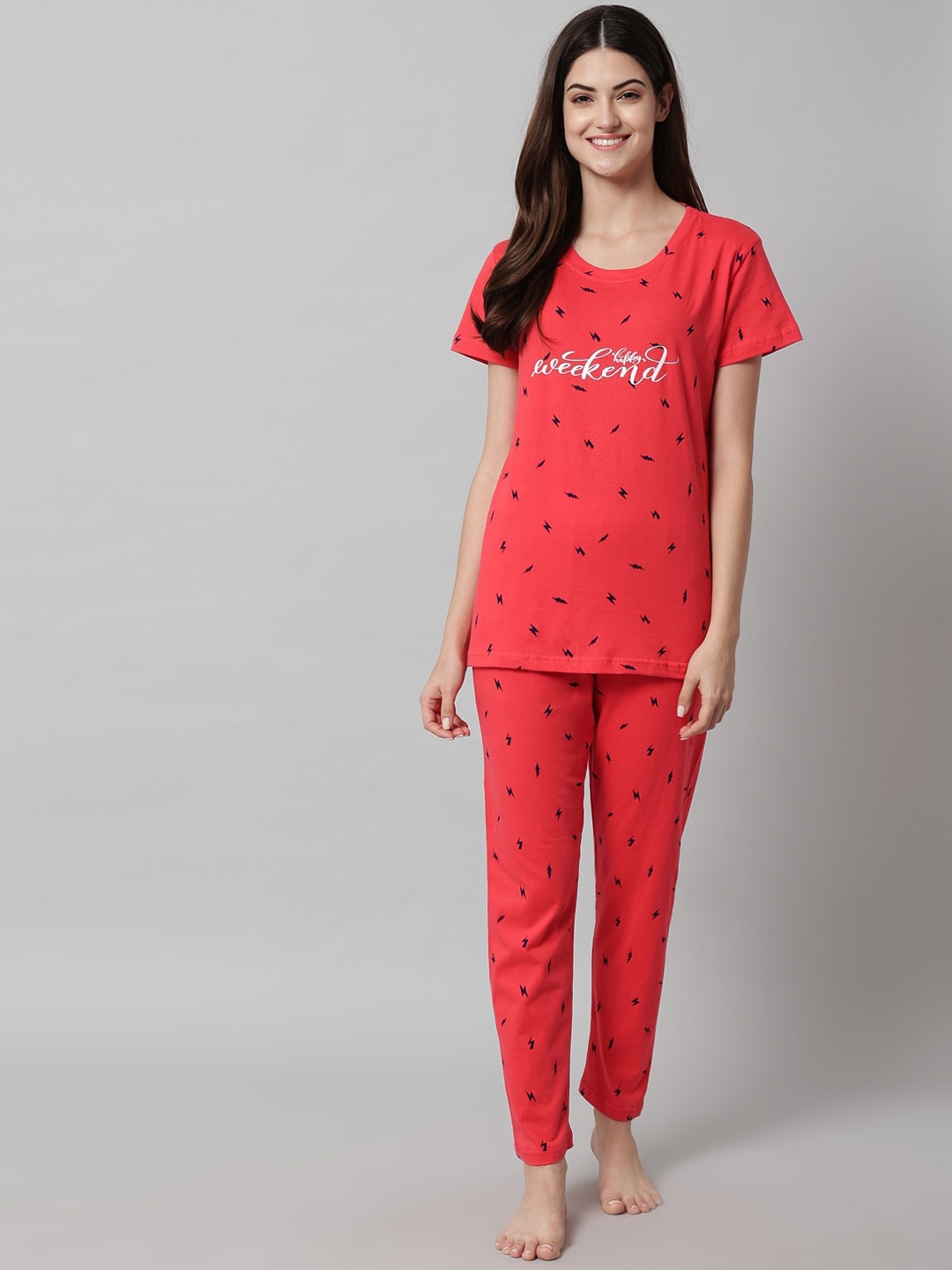 

SEPHANI Women Pink & White Printed Night suit