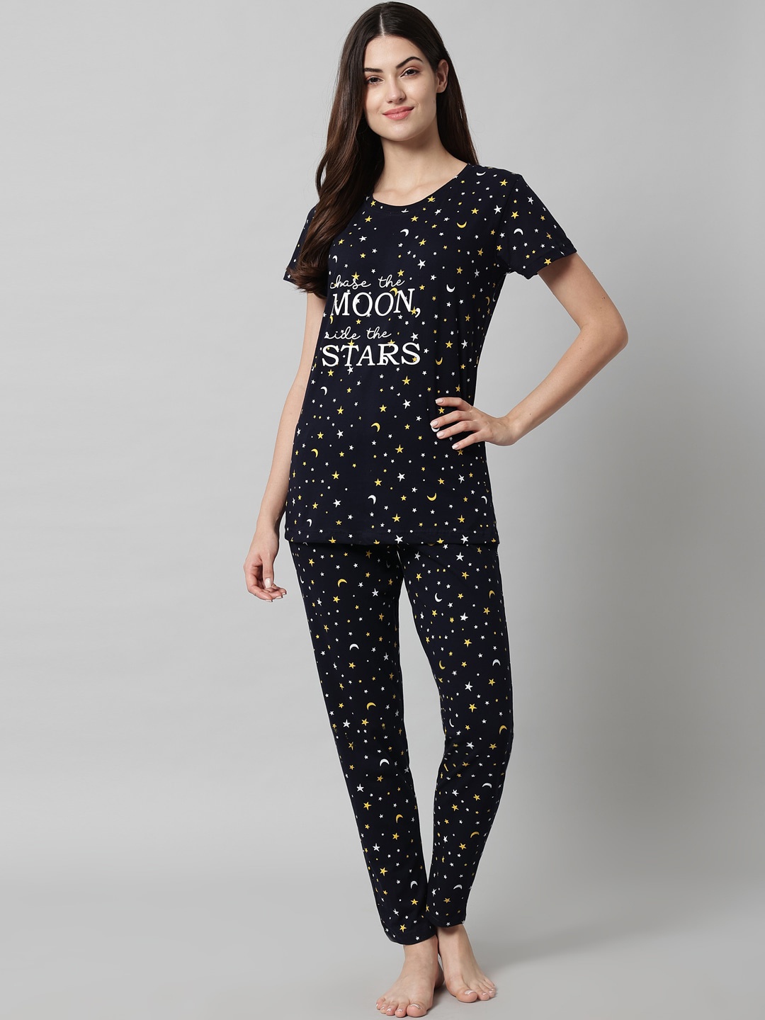 

SEPHANI Women Black & White Printed Pure Cotton Night suit