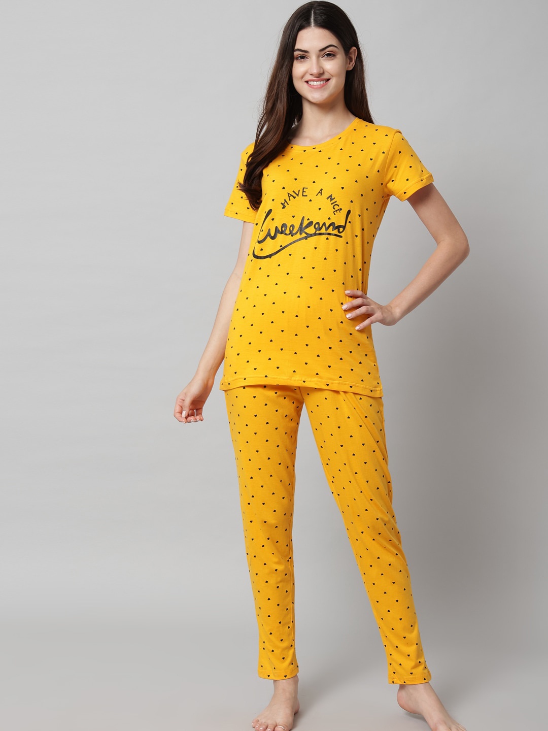 

SEPHANI Women Yellow & Black Printed Pure Cotton Night suit