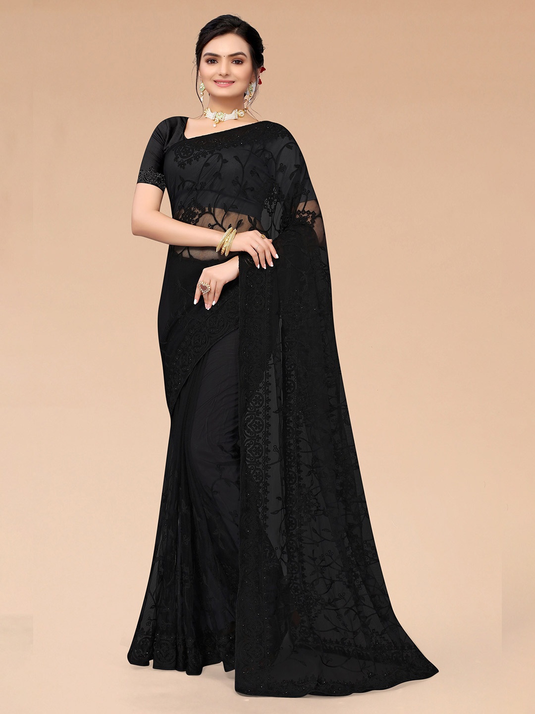 

Mitera Black Floral Embroidered Net Fusion Saree