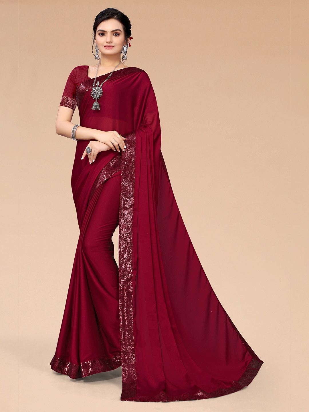 

Mitera Maroon Sequinned Fusion Saree