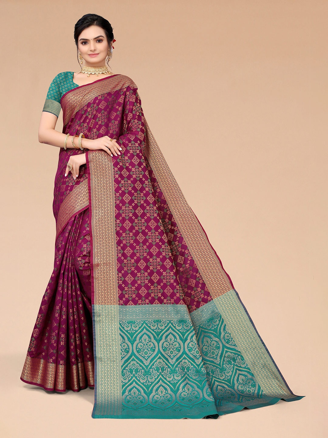 

Mitera Purple & Blue Woven Design Zari Silk Blend Fusion Kanjeevaram Saree