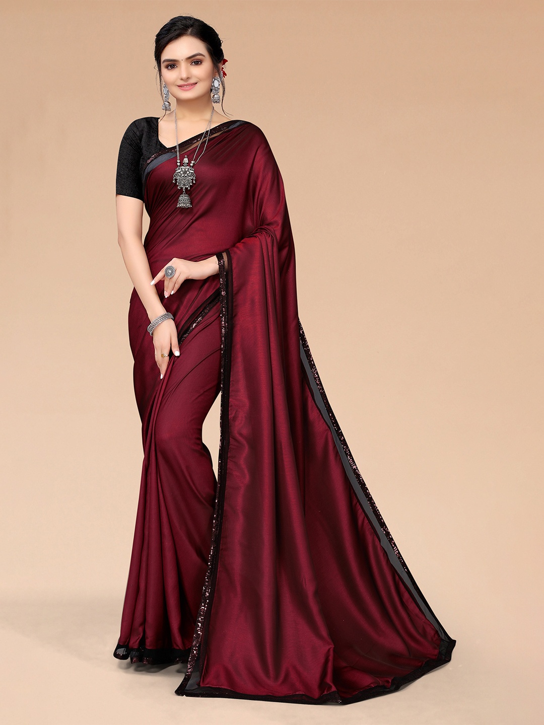 

Mitera Maroon Sequinned Fusion Saree