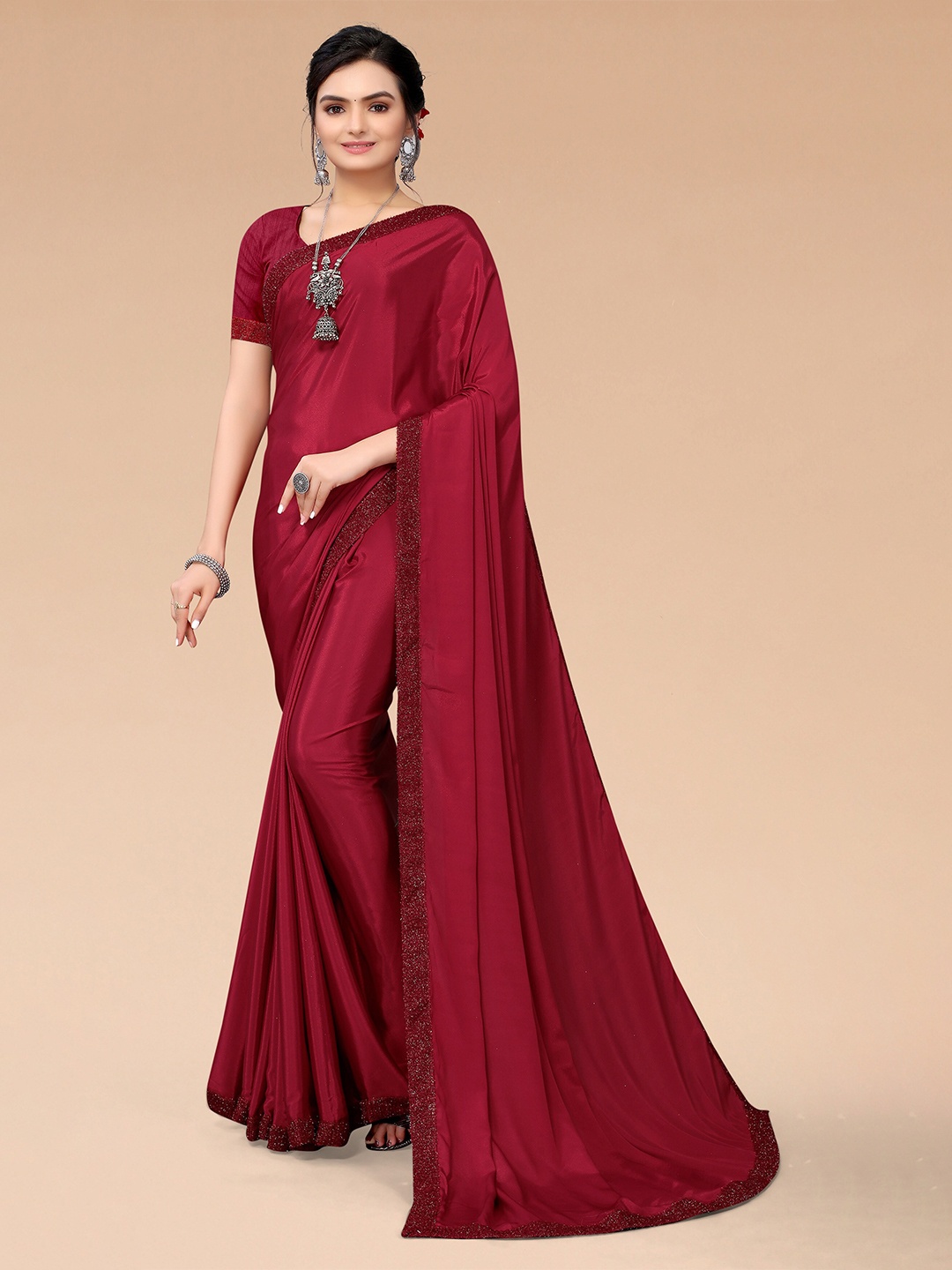 

Mitera Maroon & Silver-Toned Fusion Saree