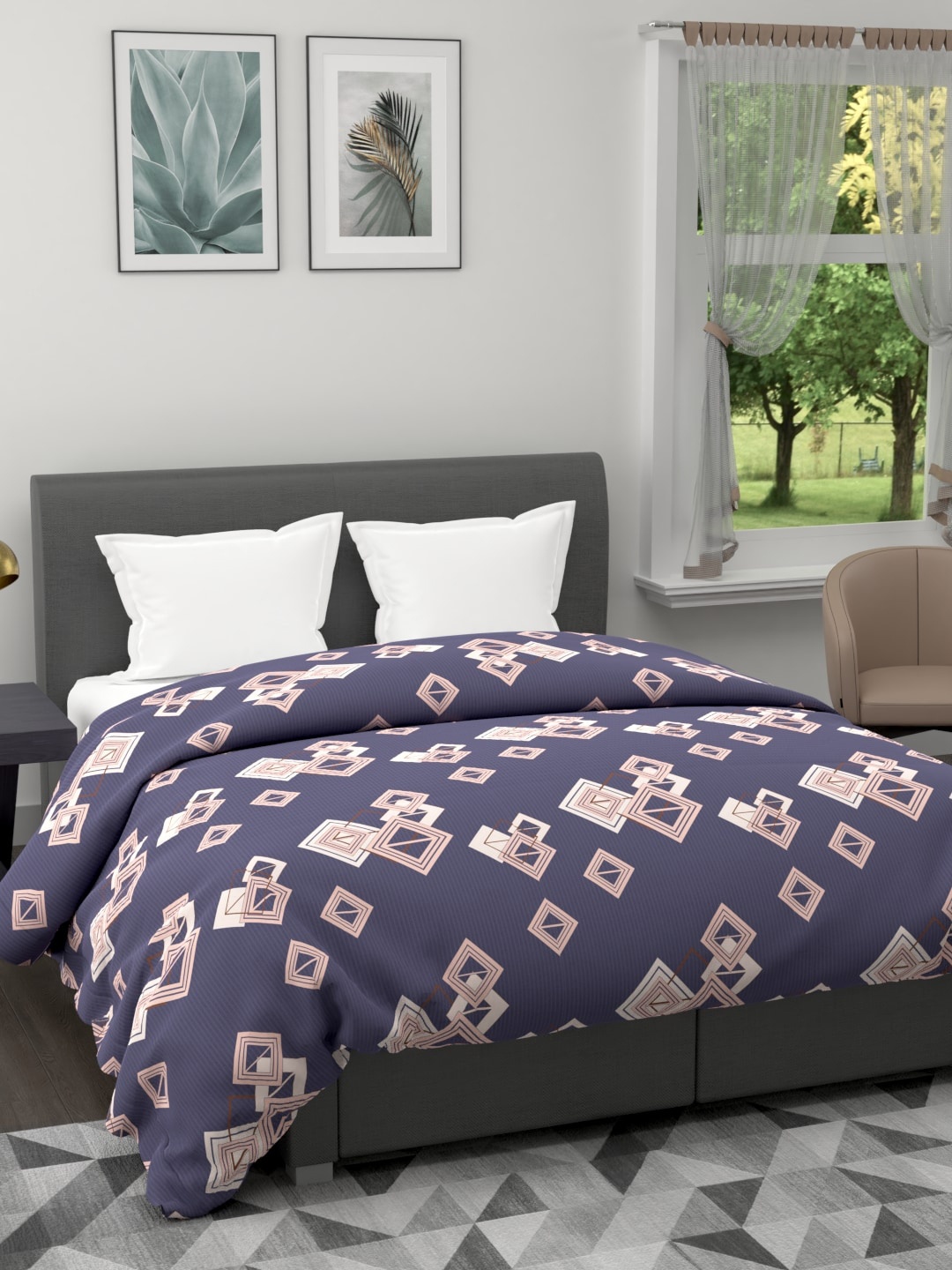 

BIANCA Blue & Beige Geometric AC Room 120 GSM Microfiber Double Bed Quilt